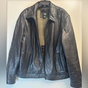 Calvin Klein Men’s Leather Jacket XL Black Moto Zip Coat Distressed Worn